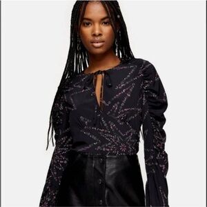 NWT Topshop Star Print Prairie Blouse Top Women's US Size 6 Black Long Sleeve